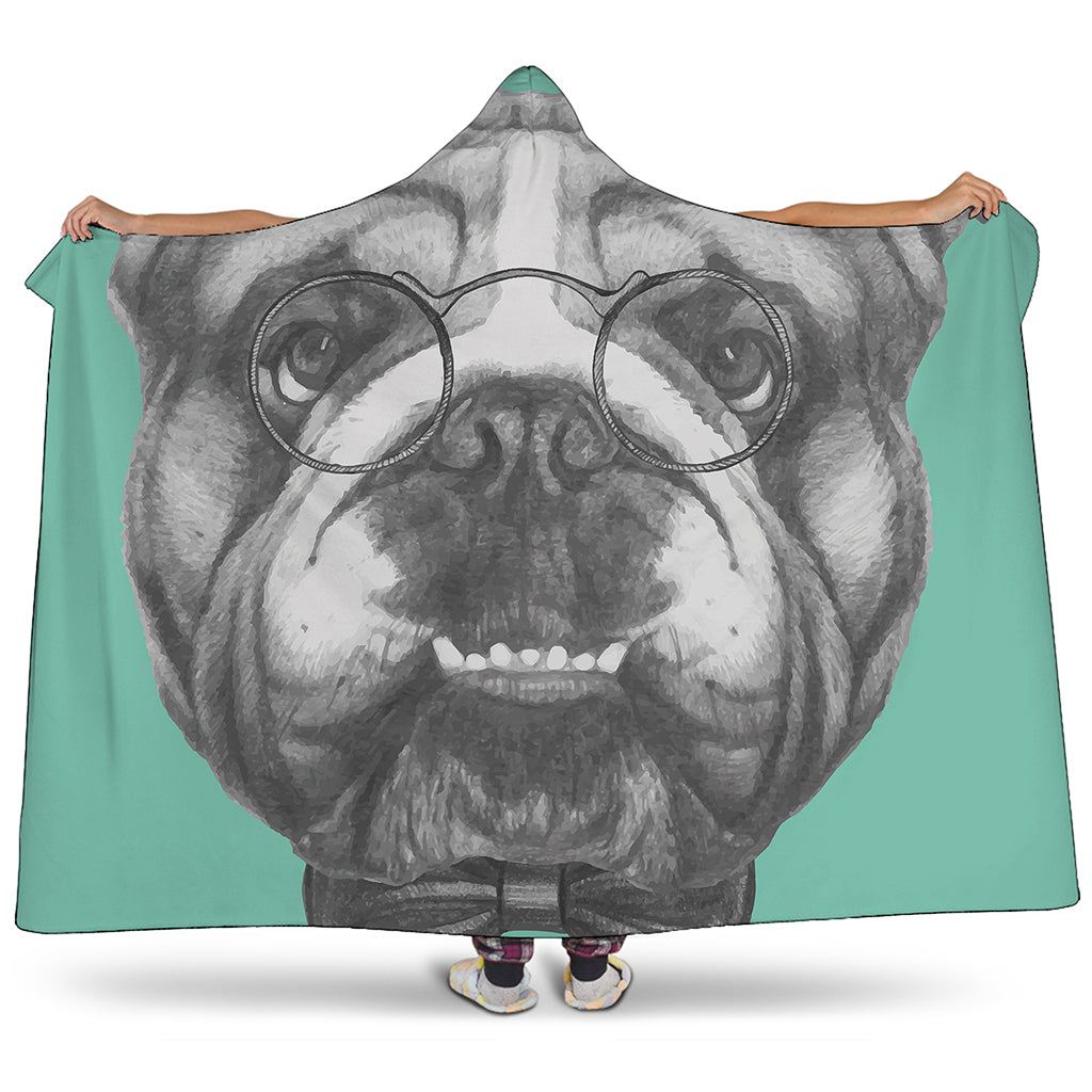 English Bulldog With Glasses Print Hooded Blanket