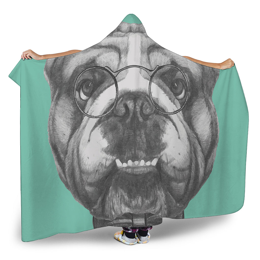 English Bulldog With Glasses Print Hooded Blanket