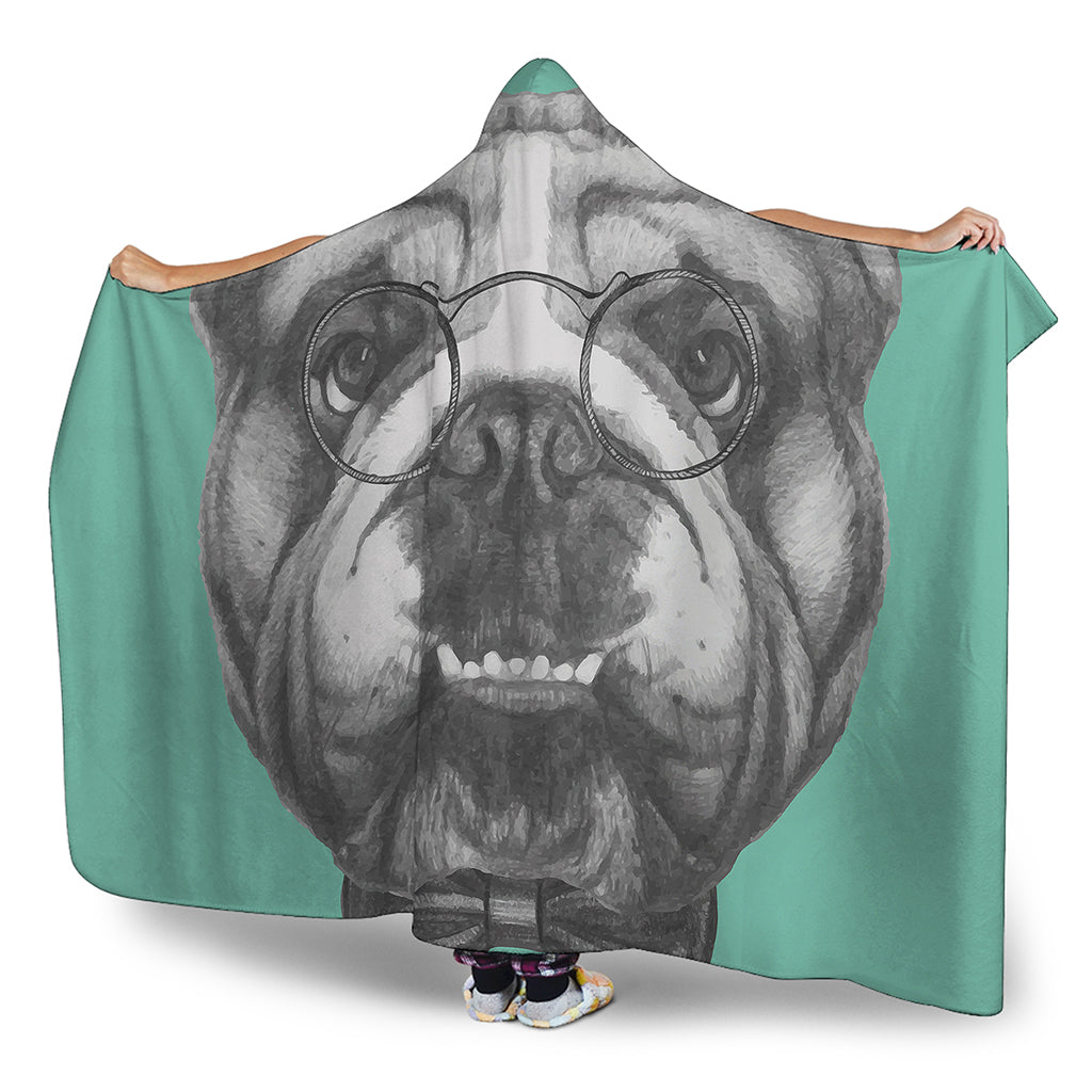 English Bulldog With Glasses Print Hooded Blanket