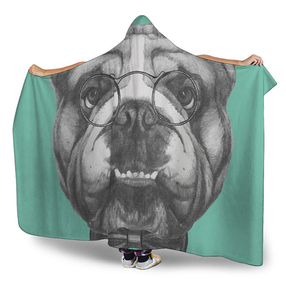 English Bulldog With Glasses Print Hooded Blanket