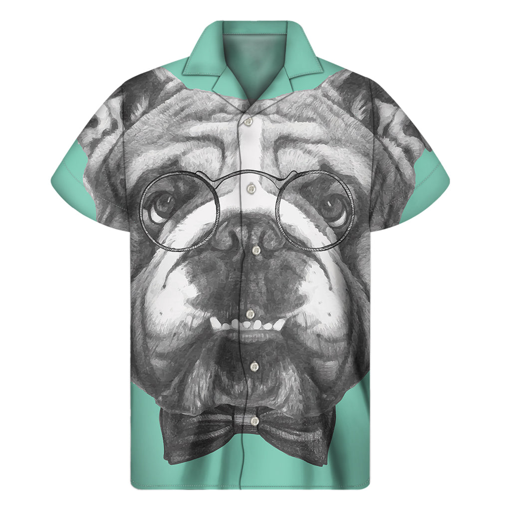 English Bulldog With Glasses Print Men's Short Sleeve Shirt