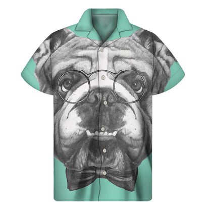 English Bulldog With Glasses Print Men's Short Sleeve Shirt