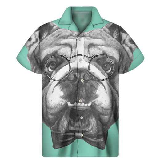 English Bulldog With Glasses Print Men's Short Sleeve Shirt