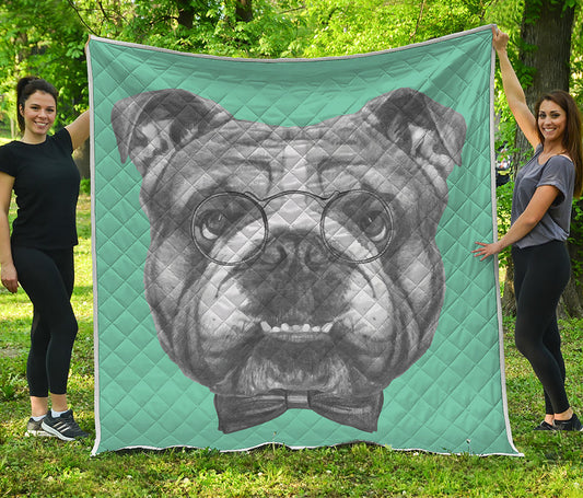 English Bulldog With Glasses Print Quilt