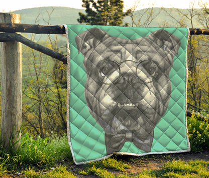 English Bulldog With Glasses Print Quilt