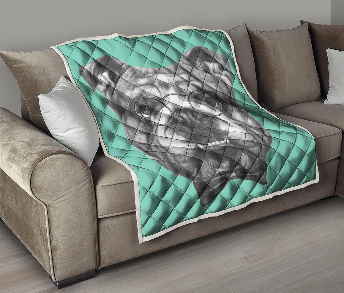 English Bulldog With Glasses Print Quilt