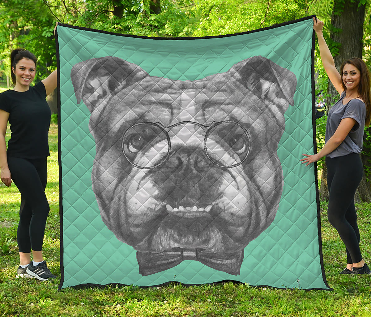 English Bulldog With Glasses Print Quilt