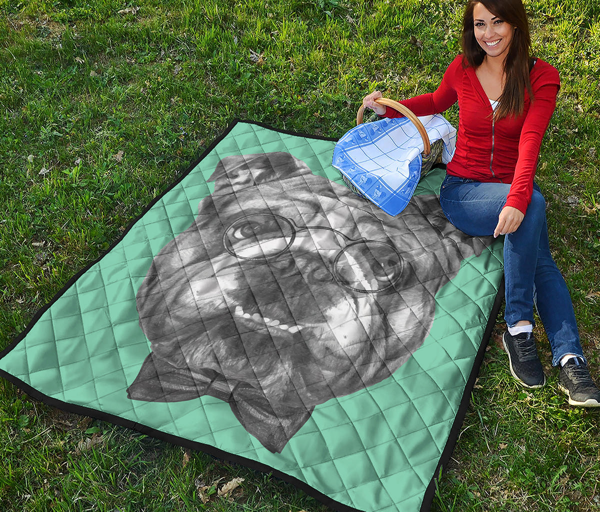 English Bulldog With Glasses Print Quilt