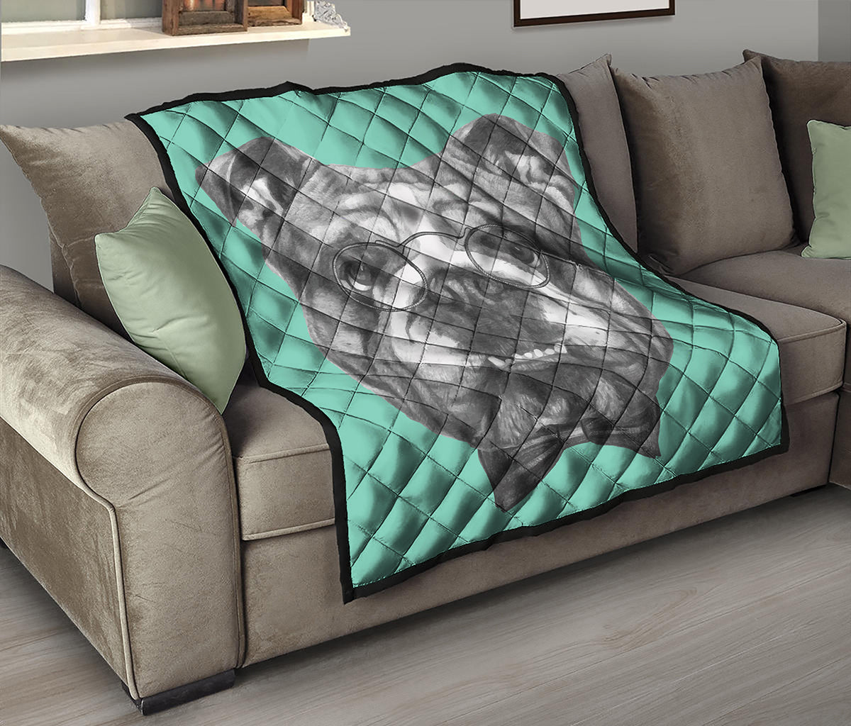 English Bulldog With Glasses Print Quilt