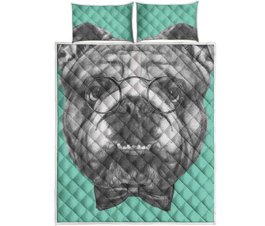 English Bulldog With Glasses Print Quilt Bed Set