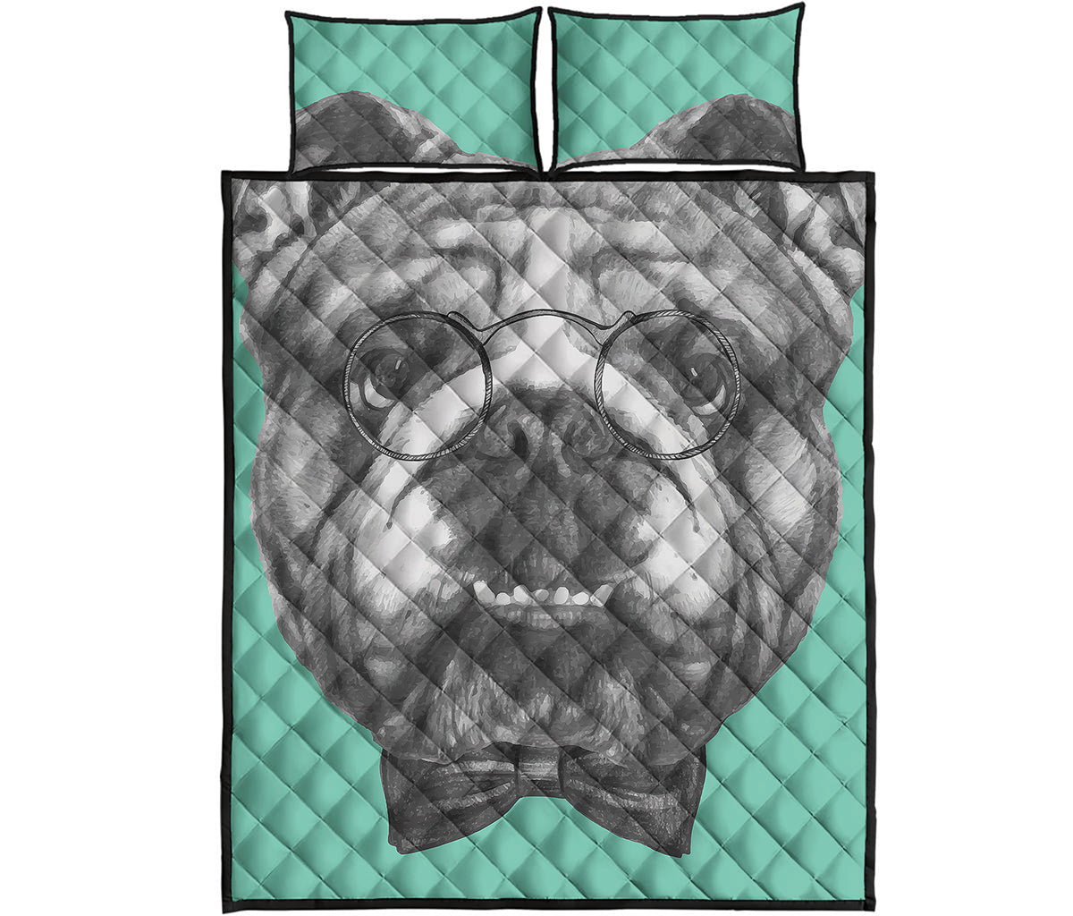 English Bulldog With Glasses Print Quilt Bed Set