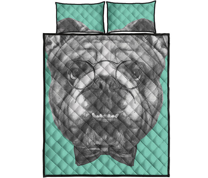 English Bulldog With Glasses Print Quilt Bed Set