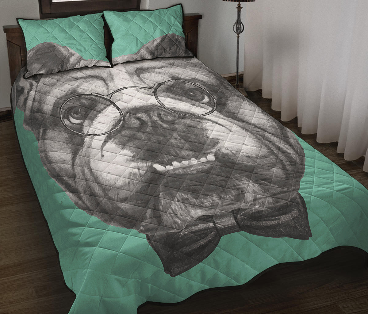 English Bulldog With Glasses Print Quilt Bed Set