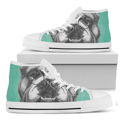English Bulldog With Glasses Print White High Top Shoes