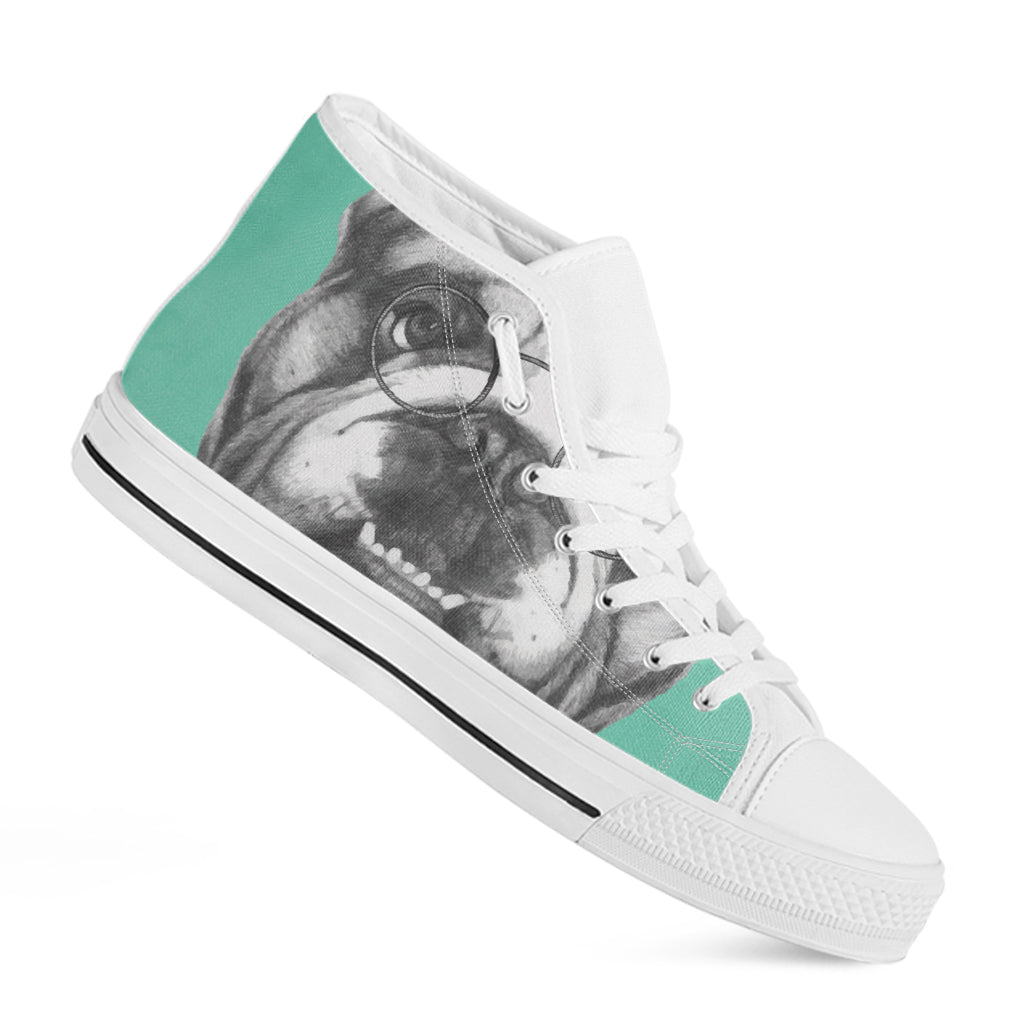 English Bulldog With Glasses Print White High Top Shoes