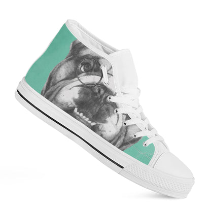 English Bulldog With Glasses Print White High Top Shoes