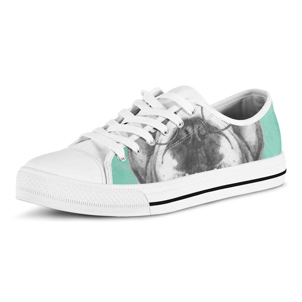English Bulldog With Glasses Print White Low Top Shoes