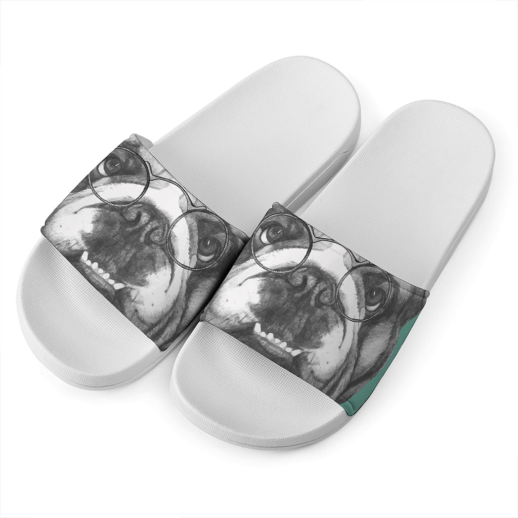 English Bulldog With Glasses Print White Slide Sandals