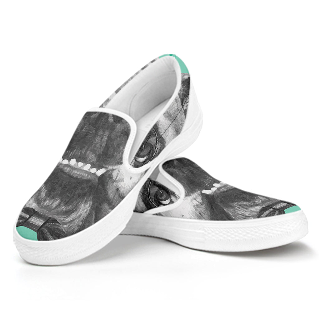 English Bulldog With Glasses Print White Slip On Shoes