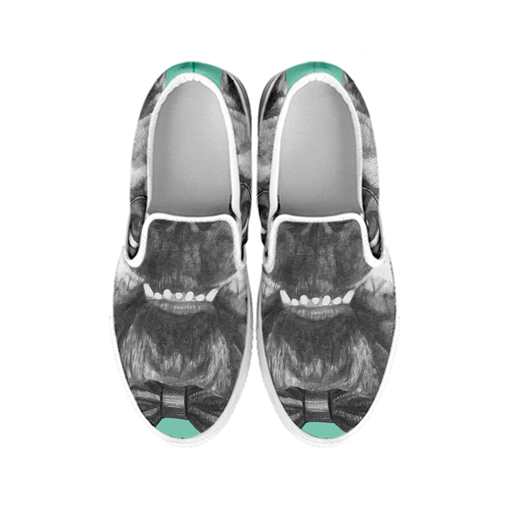 English Bulldog With Glasses Print White Slip On Shoes
