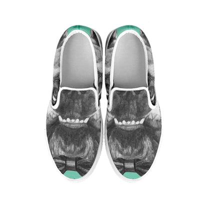 English Bulldog With Glasses Print White Slip On Shoes