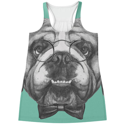 English Bulldog With Glasses Print Women's Racerback Tank Top