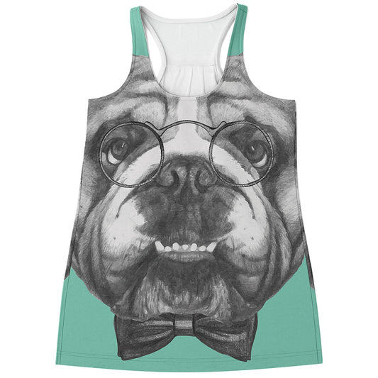 English Bulldog With Glasses Print Women's Racerback Tank Top