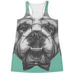 English Bulldog With Glasses Print Women's Racerback Tank Top