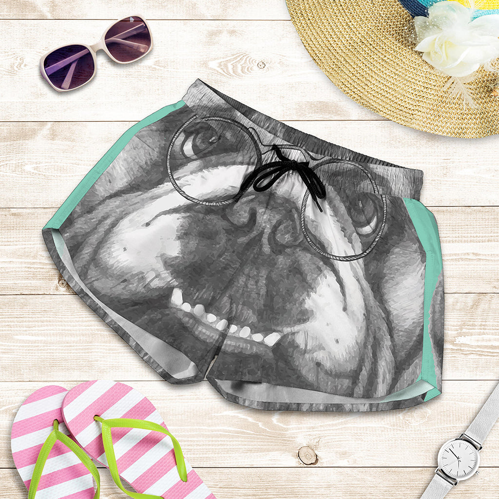 English Bulldog With Glasses Print Women's Shorts