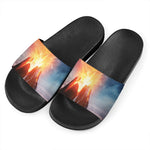 Erupting Volcano Print Black Slide Sandals