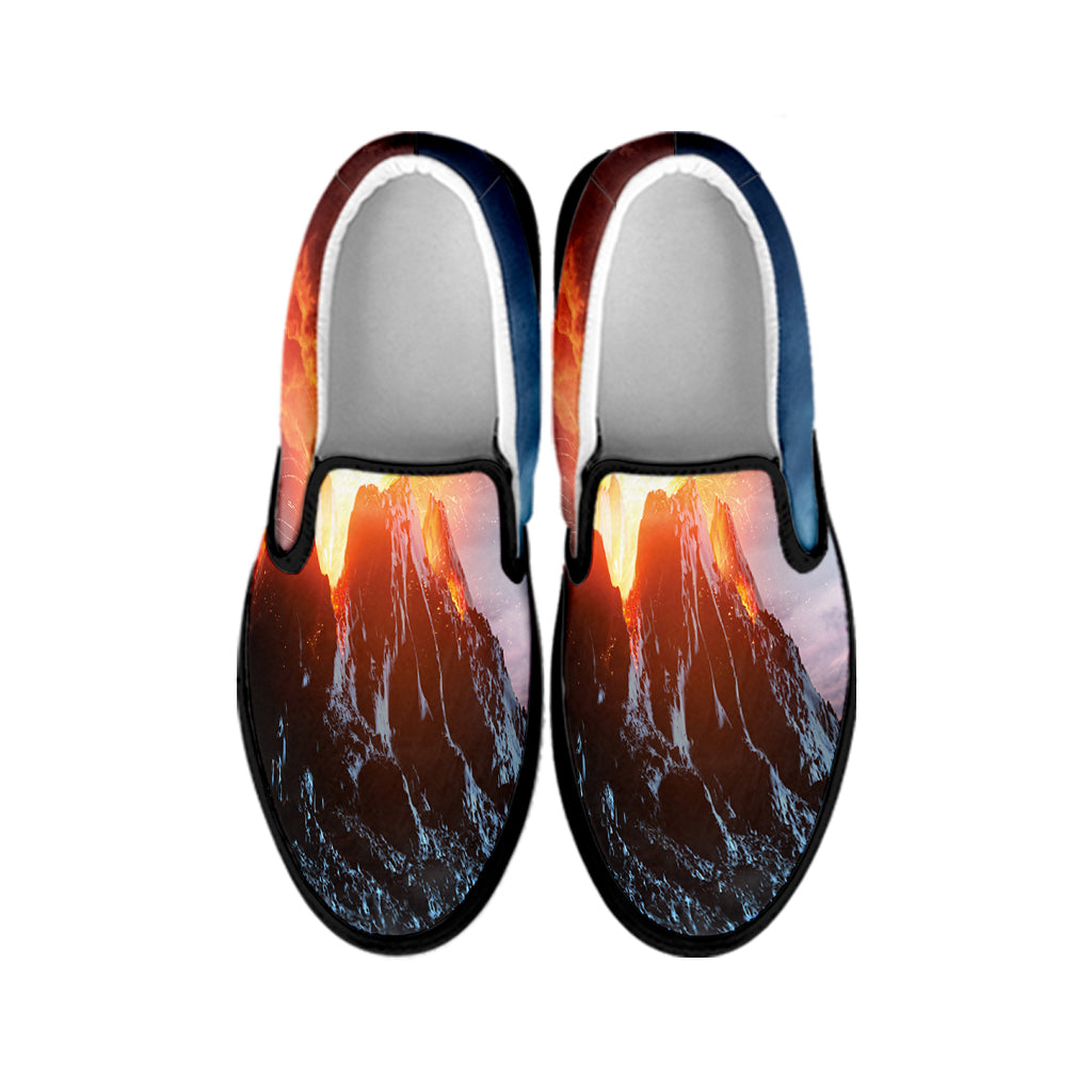 Erupting Volcano Print Black Slip On Shoes