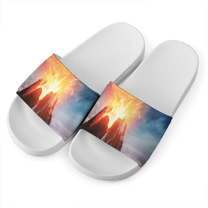 Erupting Volcano Print White Slide Sandals
