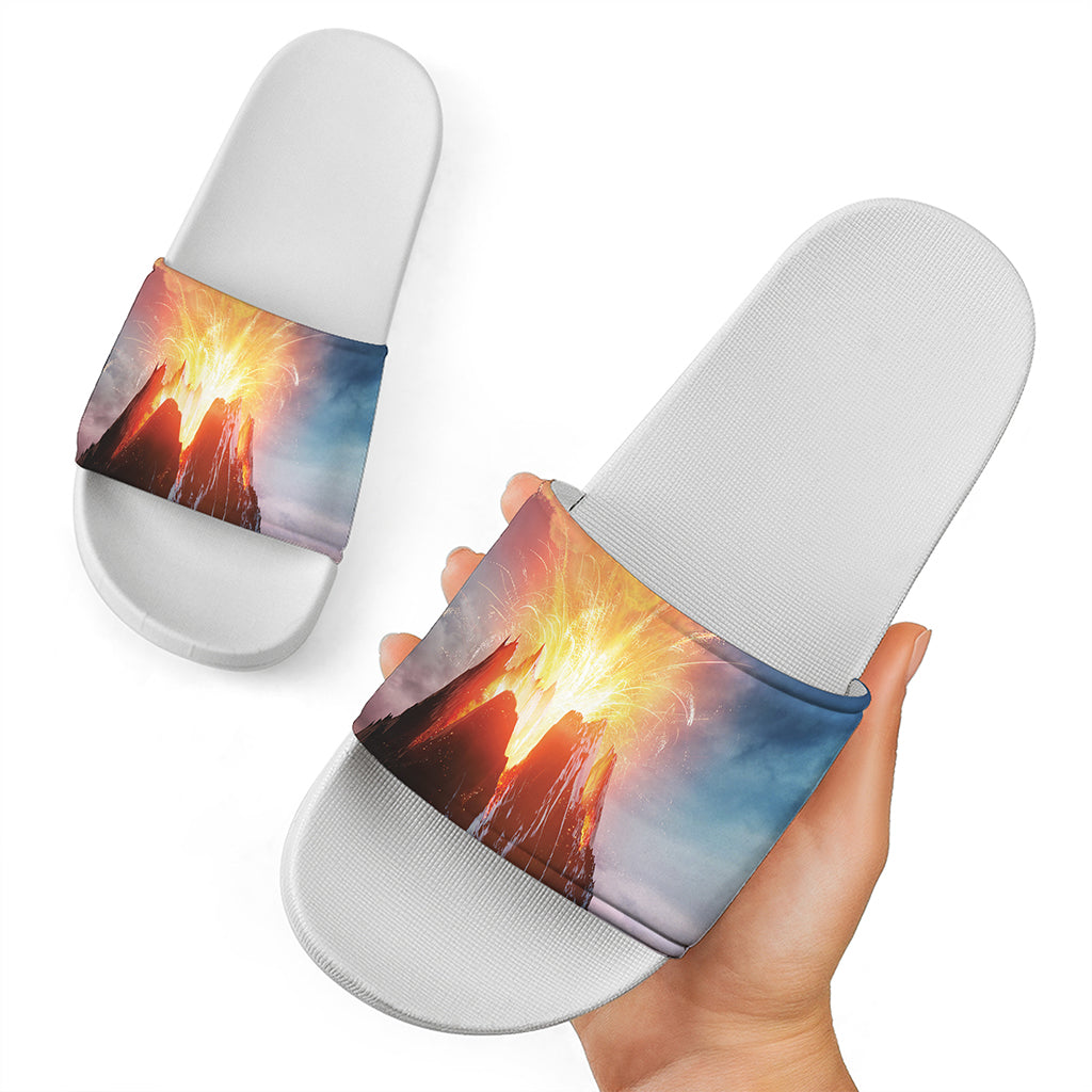 Erupting Volcano Print White Slide Sandals