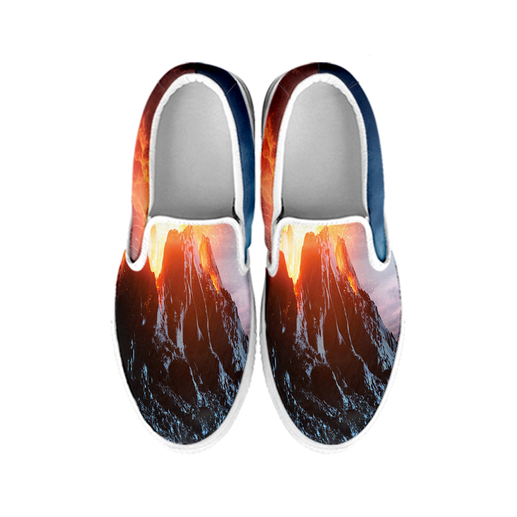Erupting Volcano Print White Slip On Shoes