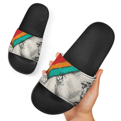Ethnic African Girl Print Black Slide Sandals