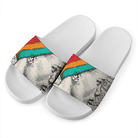 Ethnic African Girl Print White Slide Sandals