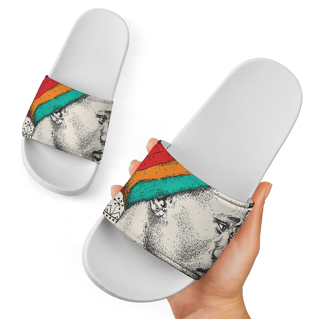 Ethnic African Girl Print White Slide Sandals