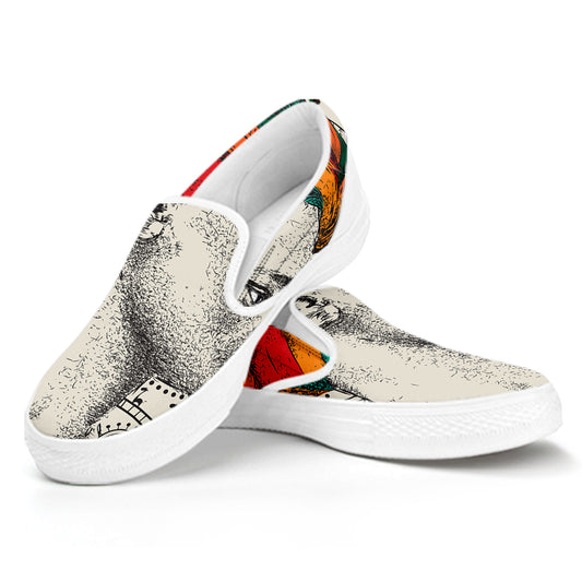 Ethnic African Girl Print White Slip On Shoes