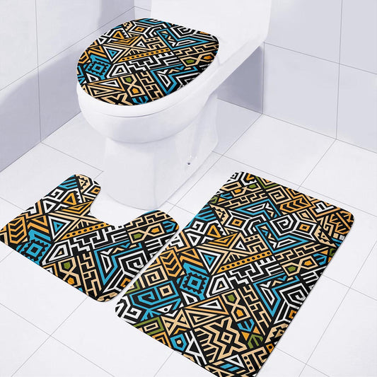 Ethnic Aztec Geometric Pattern Print 3 Piece Bath Mat Set