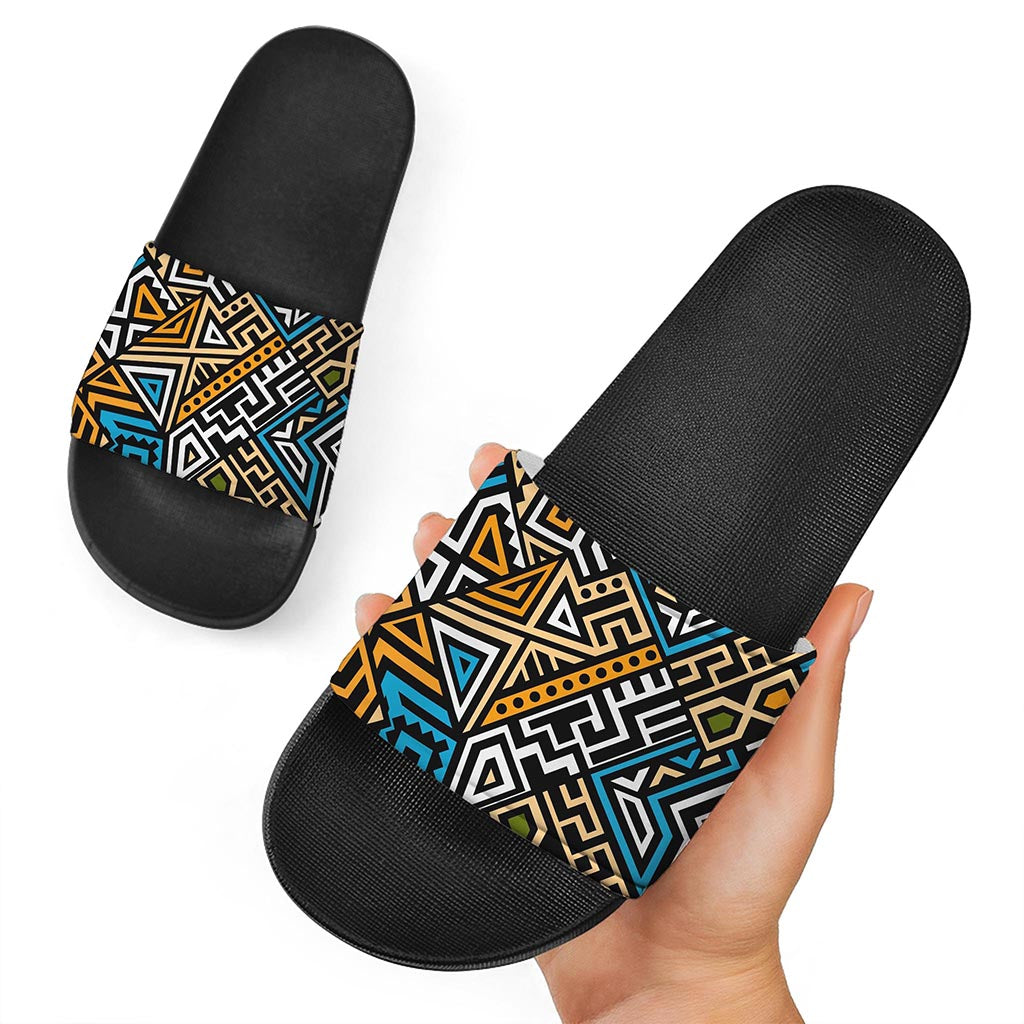 Ethnic Aztec Geometric Pattern Print Black Slide Sandals