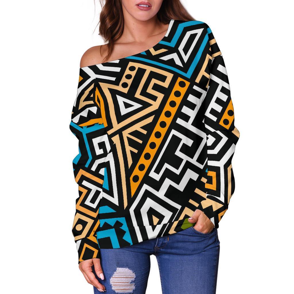 Ethnic Aztec Geometric Pattern Print Off Shoulder Sweatshirt GearFrost