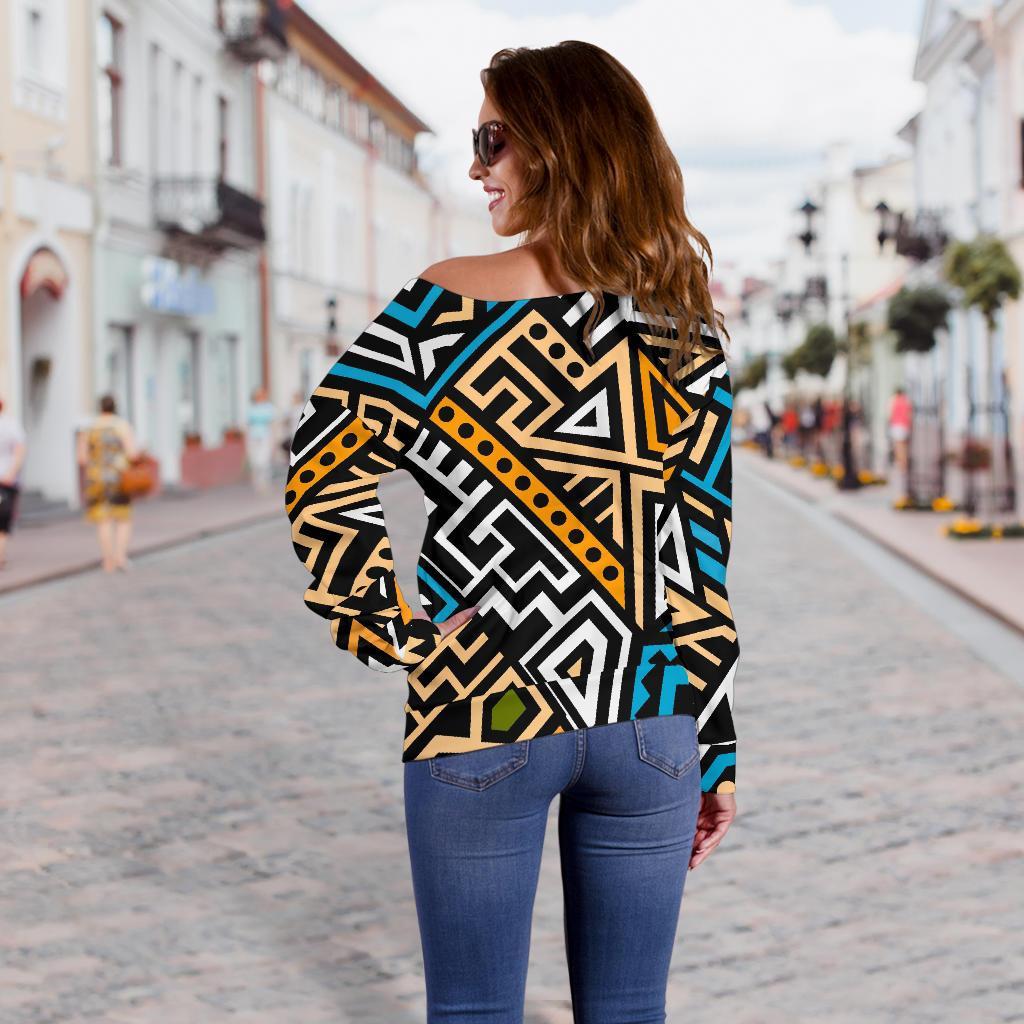 Ethnic Aztec Geometric Pattern Print Off Shoulder Sweatshirt GearFrost