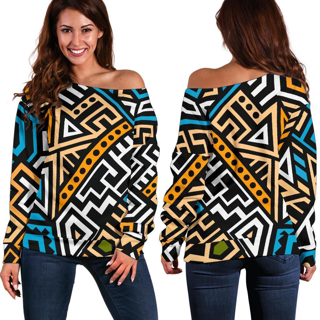 Ethnic Aztec Geometric Pattern Print Off Shoulder Sweatshirt GearFrost