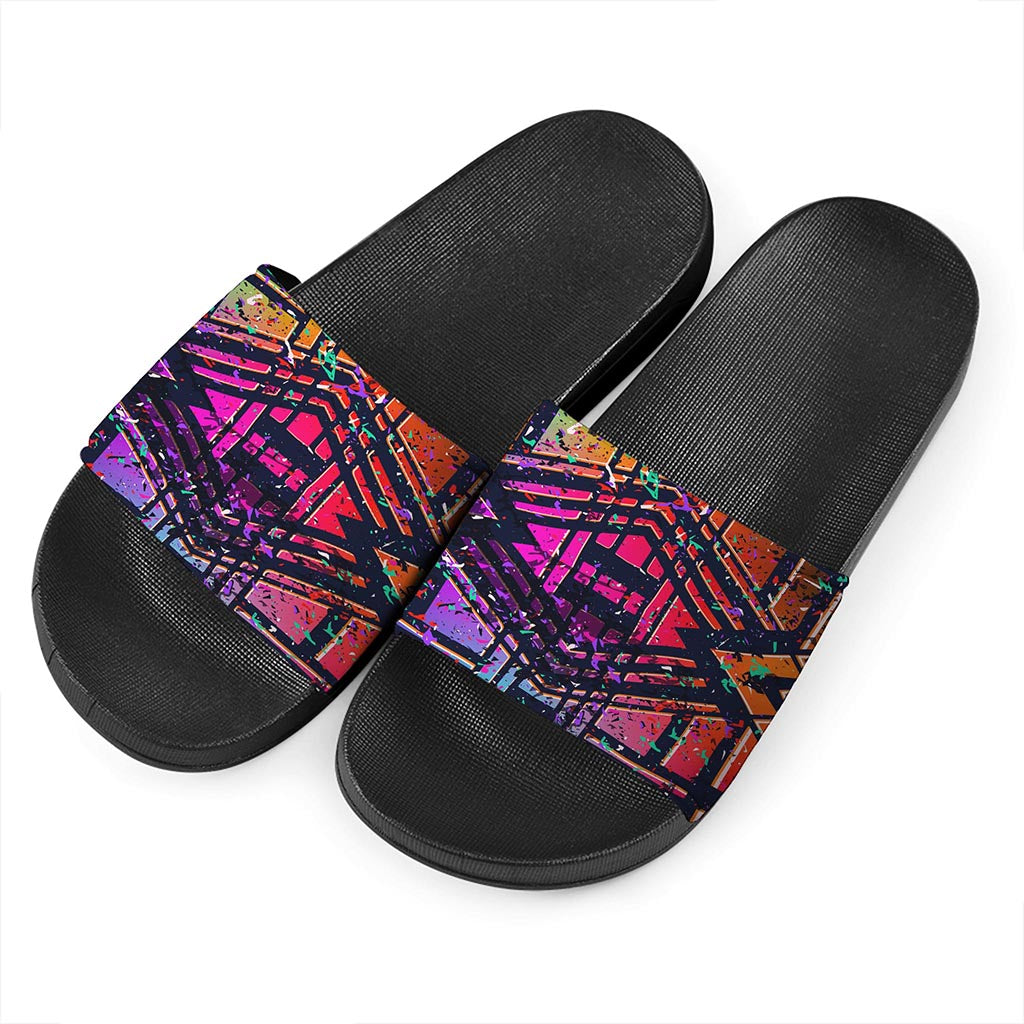 Ethnic Aztec Grunge Trippy Print Black Slide Sandals