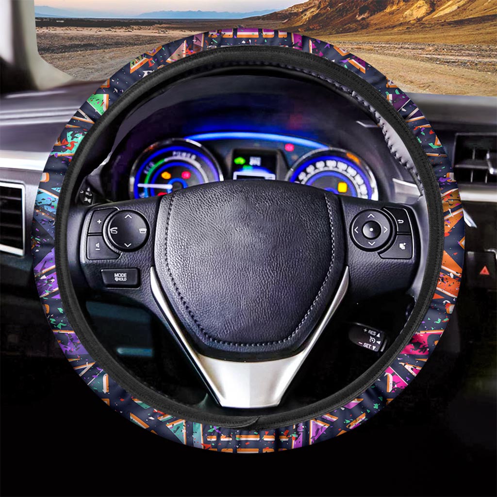 Ethnic Aztec Grunge Trippy Print Car Steering Wheel Cover