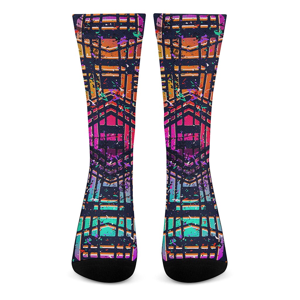 Ethnic Aztec Grunge Trippy Print Crew Socks