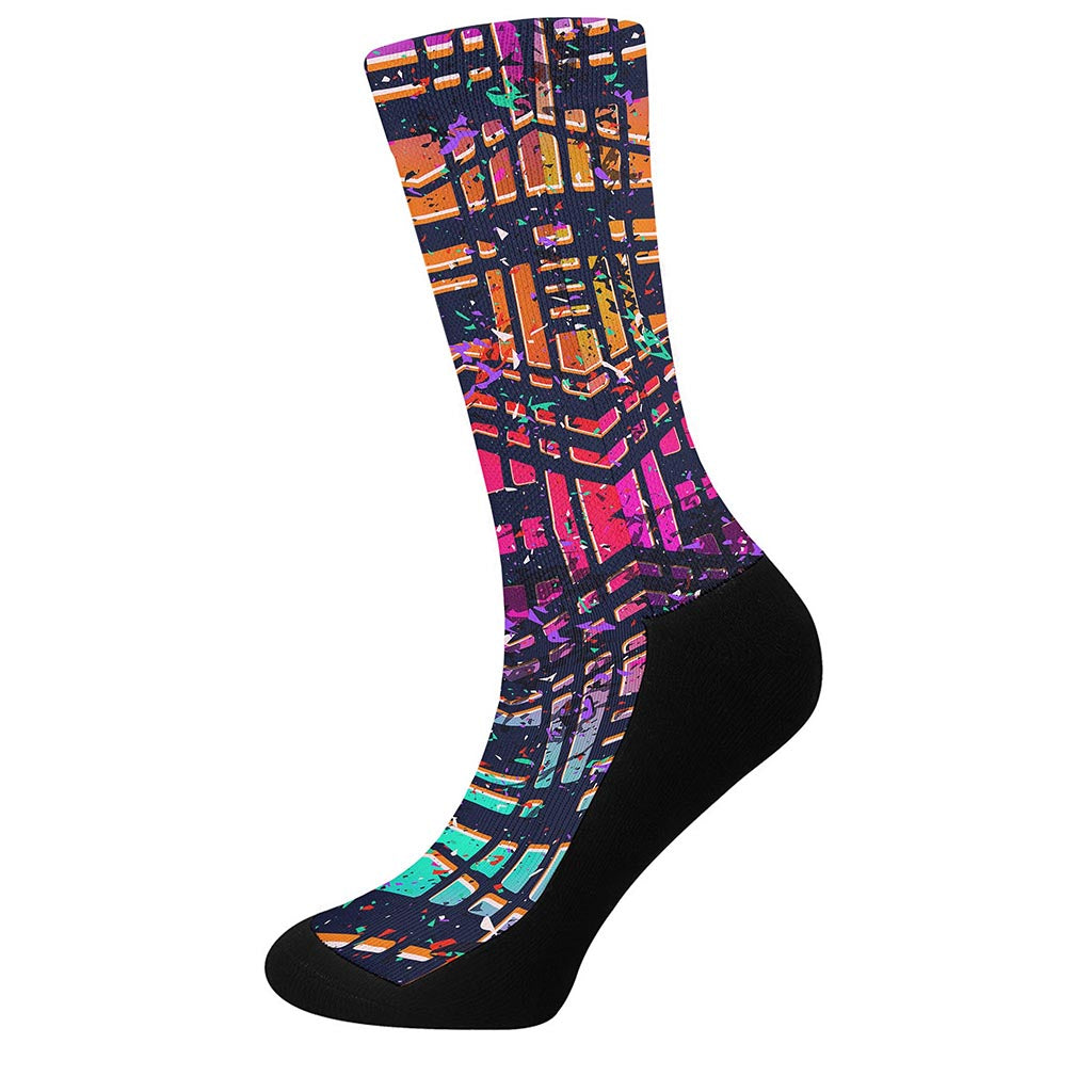 Ethnic Aztec Grunge Trippy Print Crew Socks