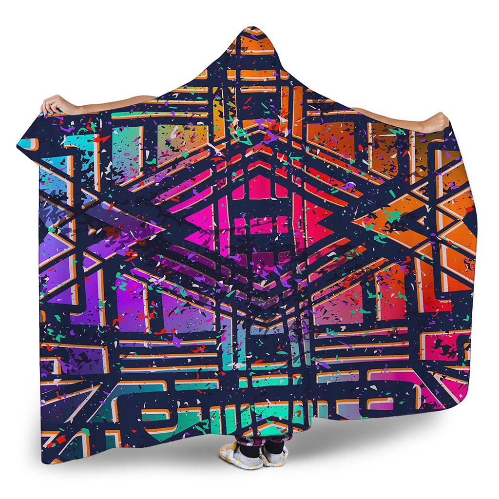 Ethnic Aztec Grunge Trippy Print Hooded Blanket