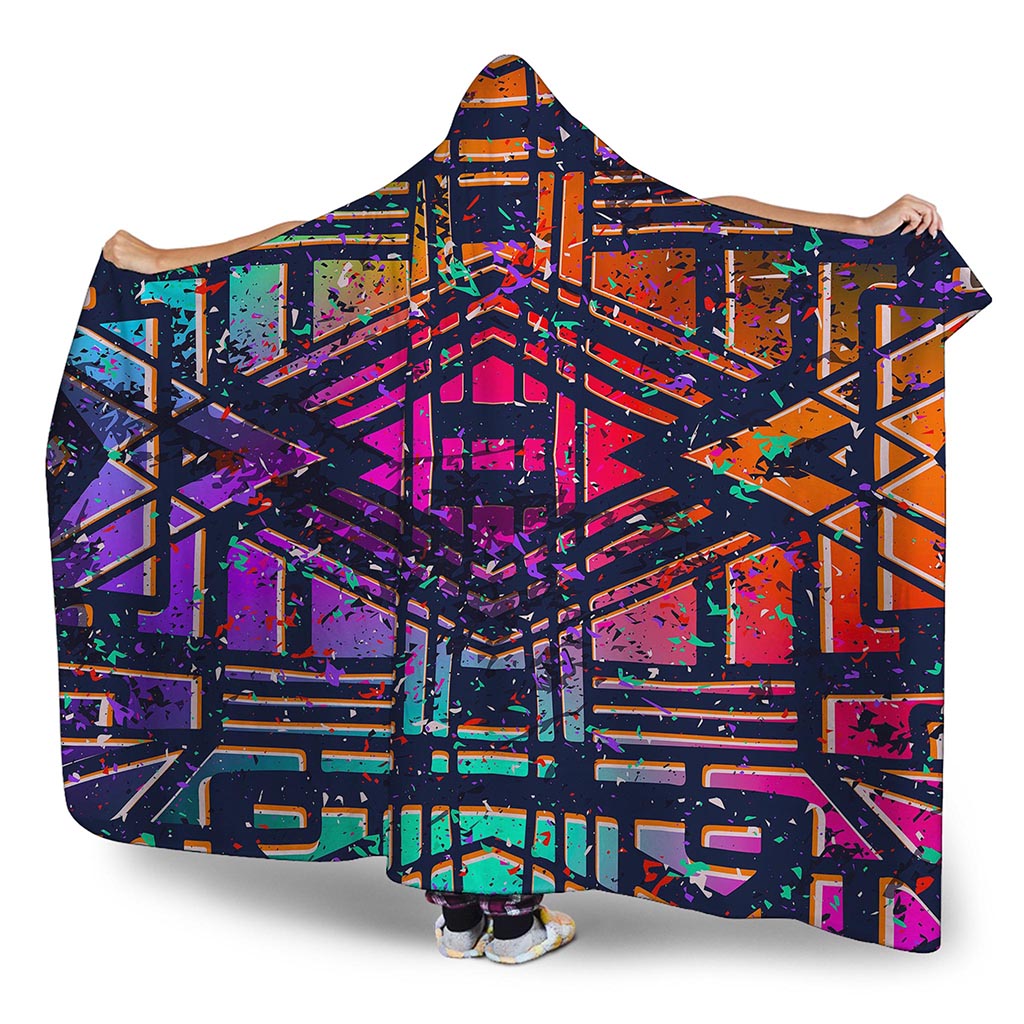 Ethnic Aztec Grunge Trippy Print Hooded Blanket