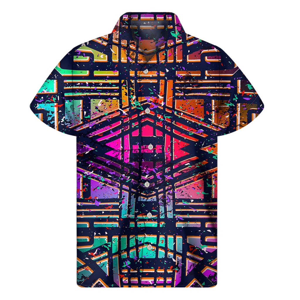 Ethnic Aztec Grunge Trippy Print Men's Short Sleeve Shirt